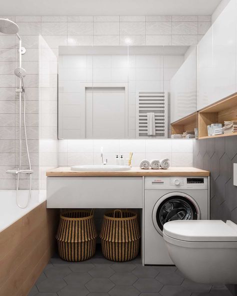 Baskets and trays save space in a small bathroom